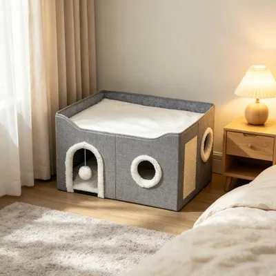 Produktbild von Faltbare Katzenhöhle für Innen, Katzenhaus, Kratzbrett, erhöhtes Bett, Spielzeug