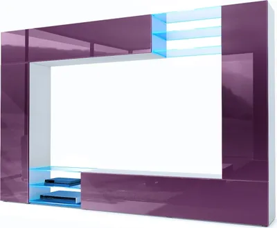 Produktbild von Vladon Wohnwand Mirage,  Germany, Anbauwand mit Rückwand mit 2 Türen, 2 Klappen und 6 offenen Glasablagen, Weiß matt/Brombeer Hochglanz, inkl. LED-Beleuchtung (262 x 183 x 39 cm)