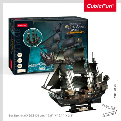 A 3D puzzle of a pirate ship, the Queen Anne's Revenge, is displayed next to its packaging.