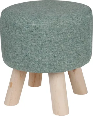 A green upholstered stool with four wooden legs, photographed against a white background.
