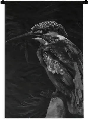 Produktbild von MuchoWow® Wandteppich Wandbehang Vogel auf einem Zweig vor schwarzem Hintergrund - schwarz und weiß 90x135 cm Tapisserie Dekoration Wandtuch - Baumwolle - Wandskulptur