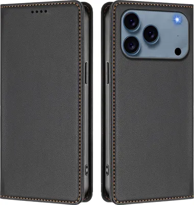 Image de Étui en cuir pour iPhone 18 Pro Max, coque à rabat magnétique en cuir synthétique (PU) avec support, couleur noire