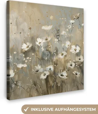 Produktbild von MuchoWow® - Leinwandbilder - Blumen - Weiß - Natur - Grau - Modern, Wandbild, Wanddeko Bilder Wohnzimmer, 50x50 cm