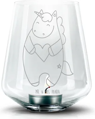 Produktbild von Mr. & Mrs. Panda Laterne Einhorn Herz - Transparent - Geschenk, Unicorn, Einhörner, Teelichthalter, Bunt, Glas, gravur, Kerzenhalter, Freundin, Anders
