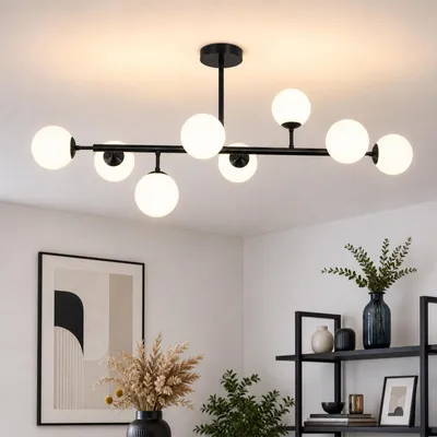 Produktbild von ZMH Deckenlampe 8 Flammig Wohnzimmer Deckenleuchte Schlafzimmer 105cm Vintage G9 Wohnzimmerlampe Glaskugel für Büro Flur Esszimmer Schwarz