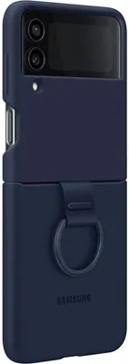A dark blue silicone case for a Samsung Z Flip4 phone, shown from the back with a ring holder.