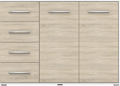 Produktbild von 2er-Set Schwebetürenschrank mit zwei Spiegeln und Zierleisten Weiß/Sonoma mit Led Beleuchtung TORINO III Kommode FRIDA 01
