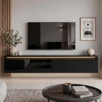 Produktbild von Modernes TV-Lowboard 170 cm LUMI IV Schwarz Hochglanz - Hängender, geriffelter Fernsehschrank mit LED-Beleuchtung & Push-to-Open