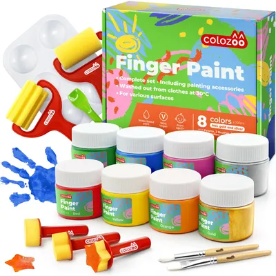 Image de Kit de peinture au doigt Colozoo pour enfants, non toxique, avec accessoires de peinture | 8 x 100 ml, doré et argenté inclus | Facile à nettoyer