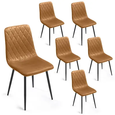 A set of six ocher yellow dining chairs with diamond-stitched upholstery and black metal legs, arranged on a white background.