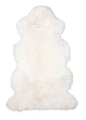 A white sheepskin rug is shown against a white background.