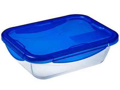 A clear, professional studio shot of a rectangular glass food storage container with a blue lid, isolated on a white background.