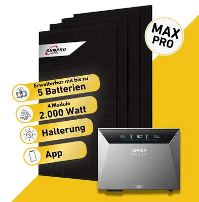 Produktbild von Balkonstrom Balkonkraftwerk 2000W Solaranlage mit Speicher | Balkonhalterung | 4x Solarmodul Bifazial | Anker Solix 4 Pro | Kabel 3m