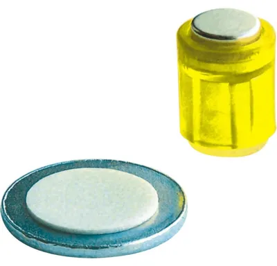 Produktbild von Magnet Zylinder 14x9mm mit selbstklebender Metallscheibe bis 1900g VE=4 Stück kristallgelb
