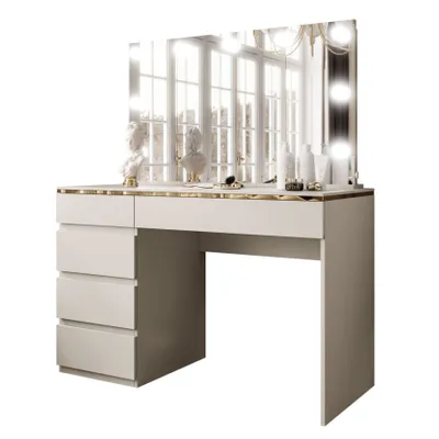 A white vanity table with a mirrored top and built-in lights.