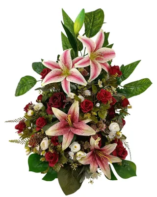 Kunstblumenarrangement rot, 80x75x40 cm, Lilien, Ranunkeln, Rosen