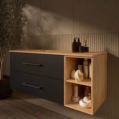 Produktbild von Planetmöbel LUX Waschtischunterschrank 120 cm hängend ohne Aufsatz-Waschbecken Gold Eiche/Anthrazit