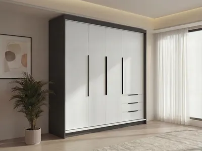 Produktbild von Geräumiger vier-türiger Kleiderschrank KLARI mit Schubladen und Metallgriffen – modernes Design