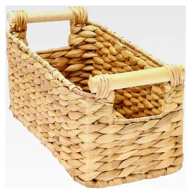 Produktbild von Aufbewahrungskorb für das Badezimmer, geflochten aus Wasserhyazinthe mit Holzgriffen | 30 x 15 x 13 cm