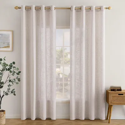 Productafbeelding van Gordijnen met oogjes, linnenlook, semi-transparant, set van 2, 140x200 cm (breedte x hoogte), wit