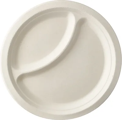 Produktbild von Papstar Einweg Teller weiss aus Zuckerrohr 23 cm 2 geteilt 50 Stück