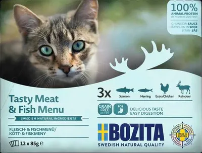 Produktbild von Bozita 9107574, Adult, jede Rasse, Huhn, Hirsch, Hering, Lachs, 85 g, Getreidefrei