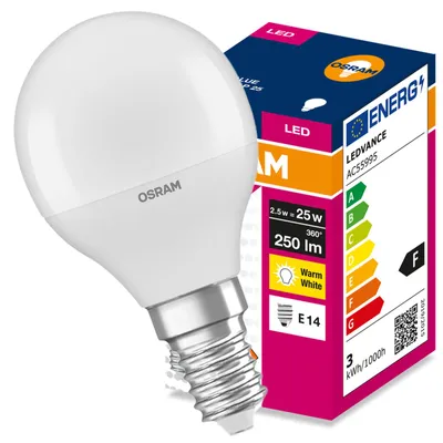 Produktbild von LED-Lampe E14, Glühbirnenform P45, 2,5W = 25W, 250lm, 2700K (warmweiß), 180°, VALUE CLASSIC, Osram, KI-generiertes Bild