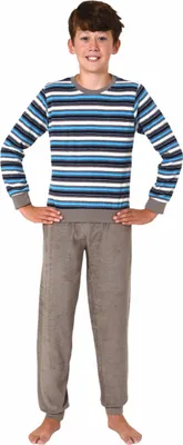 Produktbild von Cooler Jungen Frottee Pyjama langarm Schlafanzug mit Bündchen - 63560 ; türkis , 128