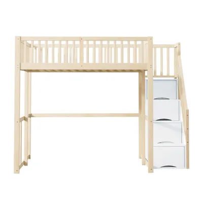Produktbild von Flieks Etagenbett 140x200cm mit Stauraumtreppe, Kinderbett Doppelbett mit Rausfallschutz, Hochbett Holzbett mit Lattenrost, Naturbelassen