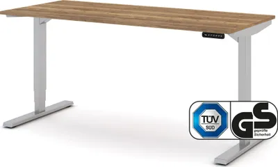 Produktbild von ASSMANN Elektrisch höhenverstellbarer Schreibtisch Y-Line Eiche Tabak Weißaluminium, 160x70cm, Memoryfunktion, Kollisionsschutz, 2-fach-Motorik
