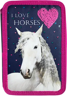 Produktbild von Pferde 2 Fach Federtasche Federmappe gefüllt mit 26 Teilen Federmäppchen Pony Blau