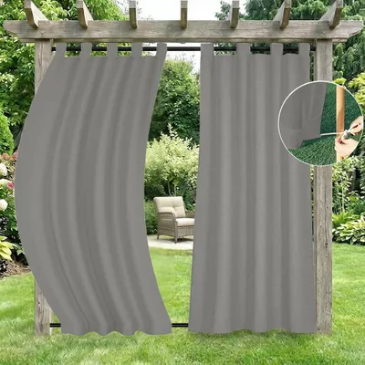 Immagine prodotto di Set da 2 tende da esterno impermeabili, tessuto Oxford 230 g/m², antivento, con passanti, oscuranti, protezione solare, per giardino, terrazza, gazebo e balcone, grigio chiaro, 132x274 cm