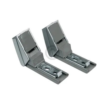 Two gray plastic and metal hinges shown from a slightly elevated angle on a white background.