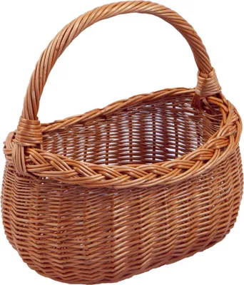 A woven wicker basket with a handle, shown against a white background.
