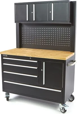 Produktbild von HBM Werkbank 122 cm mit 4 Schubladen, Schrankwand und Rückwand, Holzarbeitsplatte, schwarz