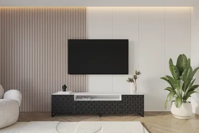 Produktbild von ALTDECOR TV-Schrank VIRA-S mit Gefrästen Fronten 200x53x41 Lowboard, TV Möbel, TV Cabinet, Fernsehtisch, Fernseher Schrank, TV Kommode, TV Tisch, TV Sideboard, TV Board - Weiß / Schwarz