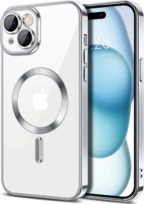 Image de Coque magnétique transparente pour iPhone 15 Plus, compatible MagSafe, coque de protection galvanisée avec protection de l'appareil photo Argent