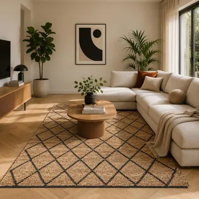 Produktbild von Naturfaser Teppich Handgefertigt Jute Salsa Beige Schwarz Rauten, Größe:120x170 cm