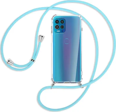 Produktbild von Handykette Backcover-Schutzhülle mit Band (Metall silberfarben) für Motorola Moto G100 - himmelblau