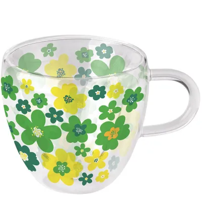 Zdjęcie produktu dla Szklany kubek z podwójnymi ściankami Ø 10 h 9,5 cm 0,2 l Flower power zielony