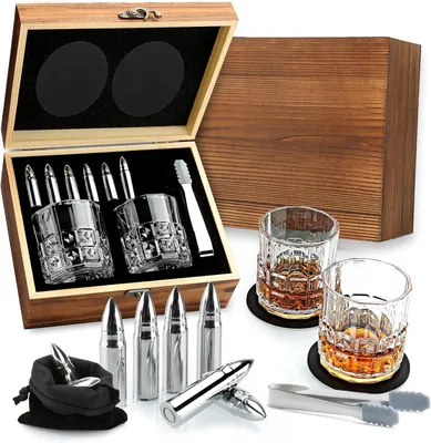 Image de Coffret cadeau whisky - Ensemble de 2 verres à whisky - Verres à whisky, 6 pierres à whisky en acier inoxydable et boîte en bois - Coffrets cadeaux whisky pour hommes