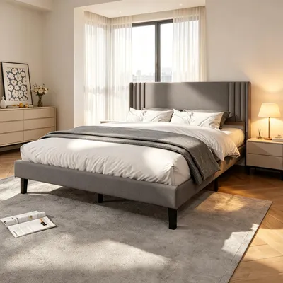 Produktbild von INONEFT Boxspringbetten Polsterbett 160x200 cm,Doppelbett mit Lattenrost–Stabiles Bettgestell aus Holz & Metall,Jugendbett mit Kopfteil,Grau,Leinen