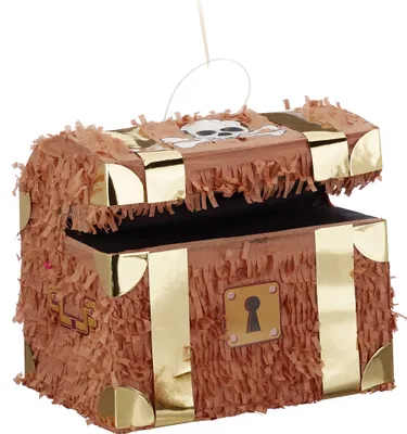 Image de Lot de 4 pièces : coffre au trésor, sac de confettis métallisés XXL, bâton de piñata et bandeau, coffre au trésor, bâton, bandeau, multicolore