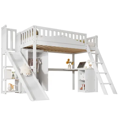 Produktbild von Etagenbett,Kinderbett mit Fallschutzgitter,mit Tisch und Kleiderschrank,Reichlich Stauraum,Mit vierstufiger Leiter,Kiefer+MDF+Sperrholz