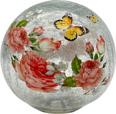 Produktbild von abc HOME | Glaskugel mit Beleuchtung | Craquelé-Effekt | Tischdekoration | Motiv Rosen mit Schmetterling | ⌀ 15 cm