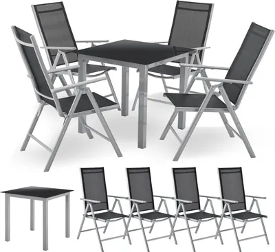 A set of outdoor furniture including a table and chairs, presented on a white background.