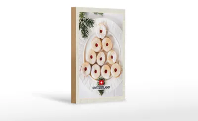 Produktbild von Holzschild Reise 12x18 cm Schweiz Weihnachtsgebäck Marmelade