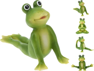 A collage of four small green frog figurines, each in a different yoga pose. The main image on the left shows a larger frog in a yoga pose.