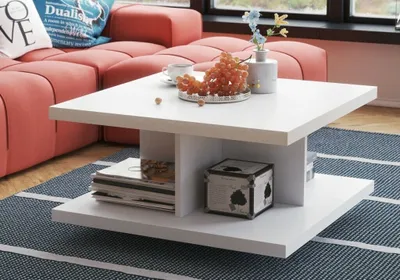 Produktbild von Beistelltisch Weiß mit Ablage, mit 4 offenen Regalen, Wohnzimmertisch Sofatisch 60x60x50 cm modern GRAFI