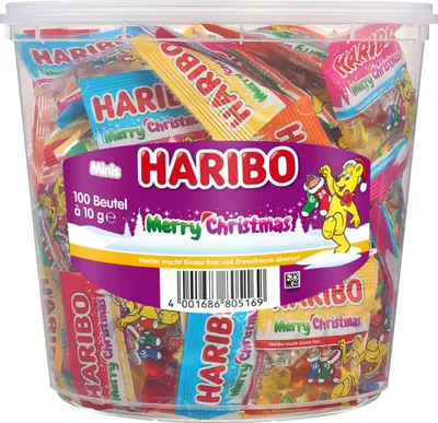 Obrázek produktu pro Haribo Merry Christmas 100 x mini sáčky v plechovce 980g